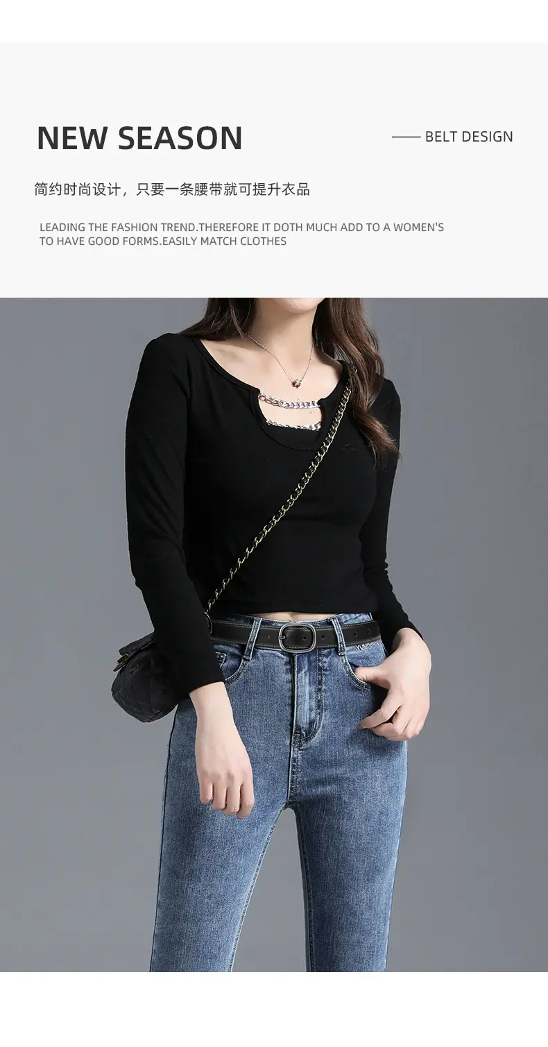Women's Black Leather Belt with Buckle — feature 15