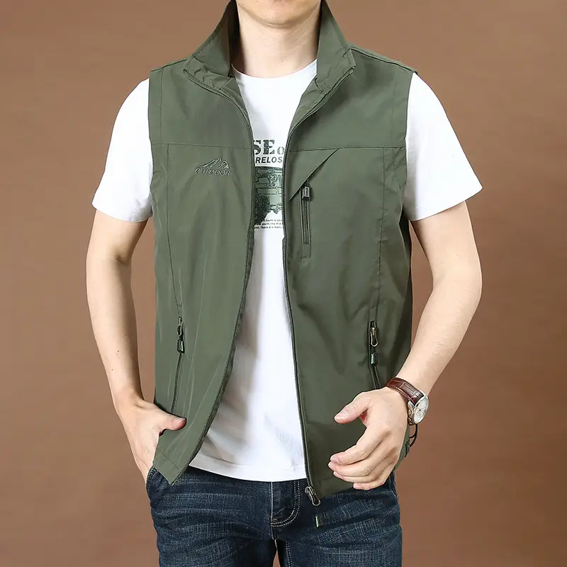 Men's Fishing Vest Olive Green Collar Large 7882 - Image 5
