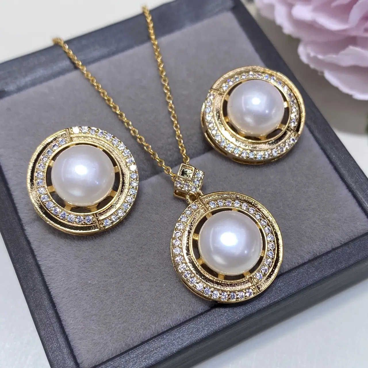 2025 Pearl Necklace Set with Earrings Ring Pendant Gold Plated - Image 2