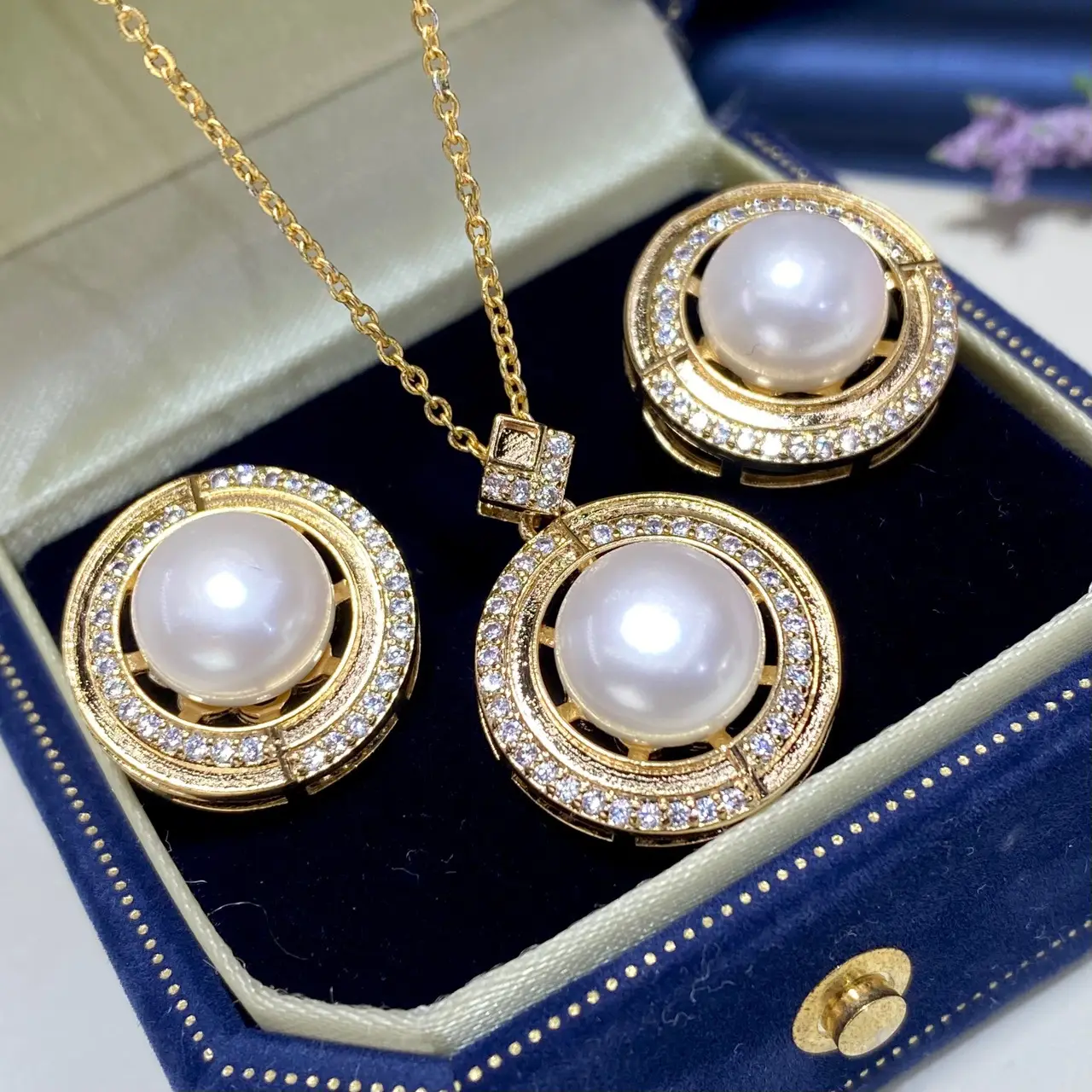 2025 Pearl Necklace Set with Earrings Ring Pendant Gold Plated - Image 3