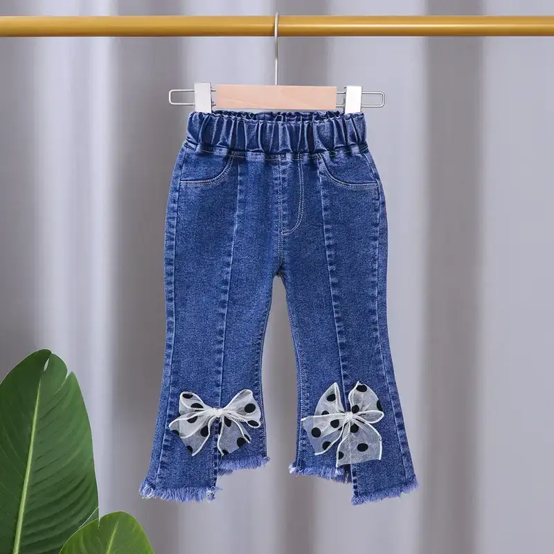 Girls Denim Bow Pants Spring Autumn Slim Fit - Image 2