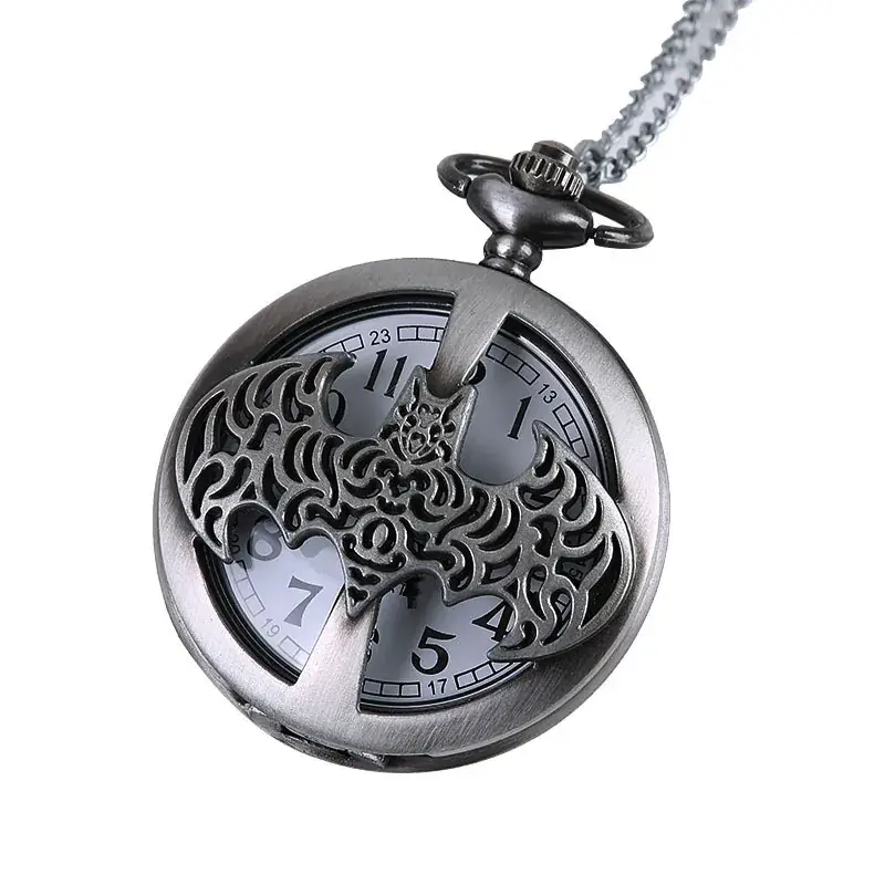 Nostalgic Classical Silver Gray Batman Hollow Pocket Watch Flip Chain - Image 5