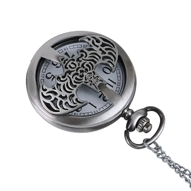 Nostalgic Classical Silver Gray Batman Hollow Pocket Watch Flip Chain — feature 5