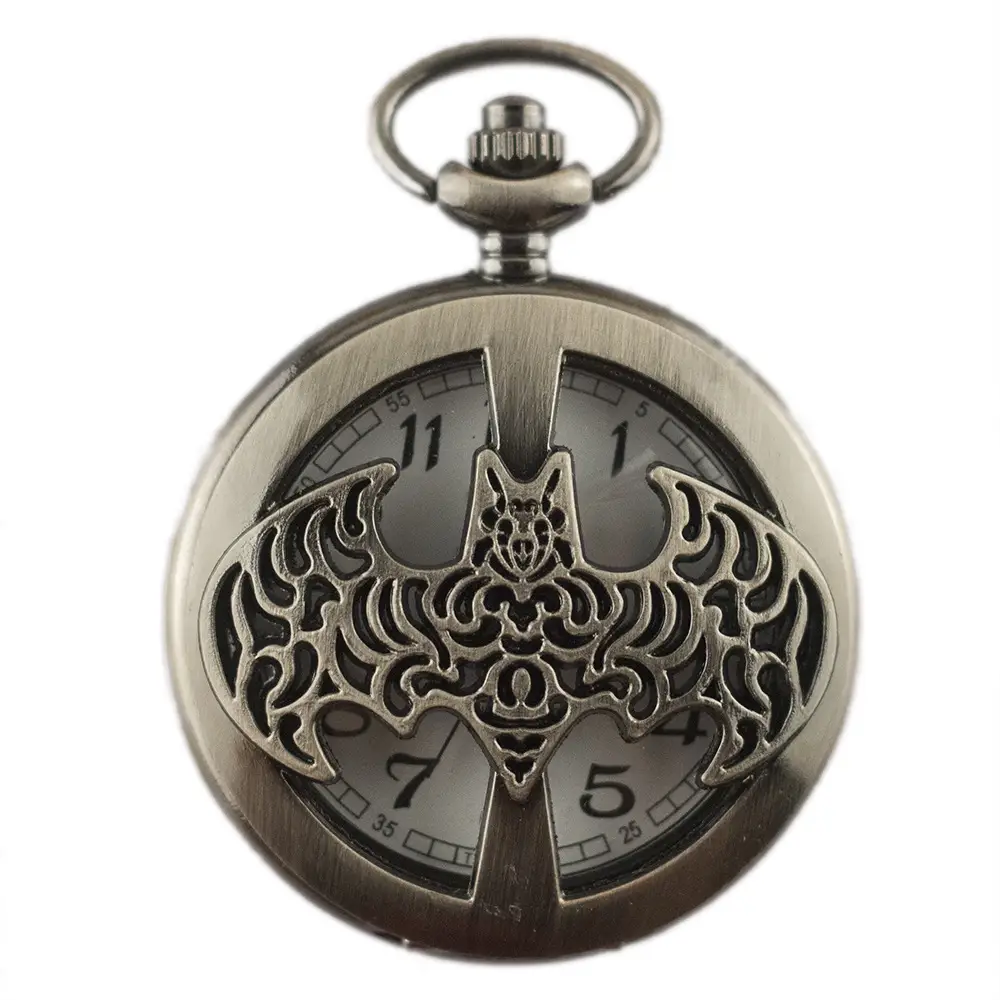 Nostalgic Classical Silver Gray Batman Hollow Pocket Watch Flip Chain — feature 6