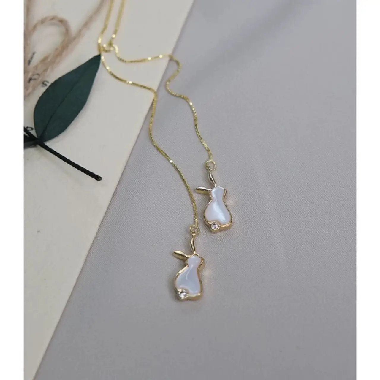 Cute Rabbit Earrings Gold Plated White Shell Long Earrings - Image 2
