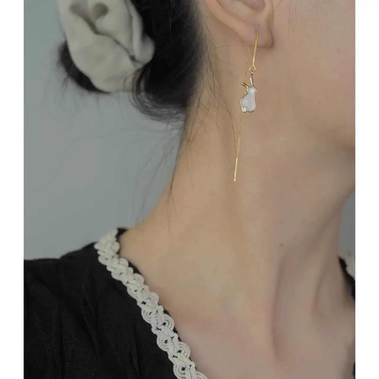 Cute Rabbit Earrings Gold Plated White Shell Long Earrings - Image 4