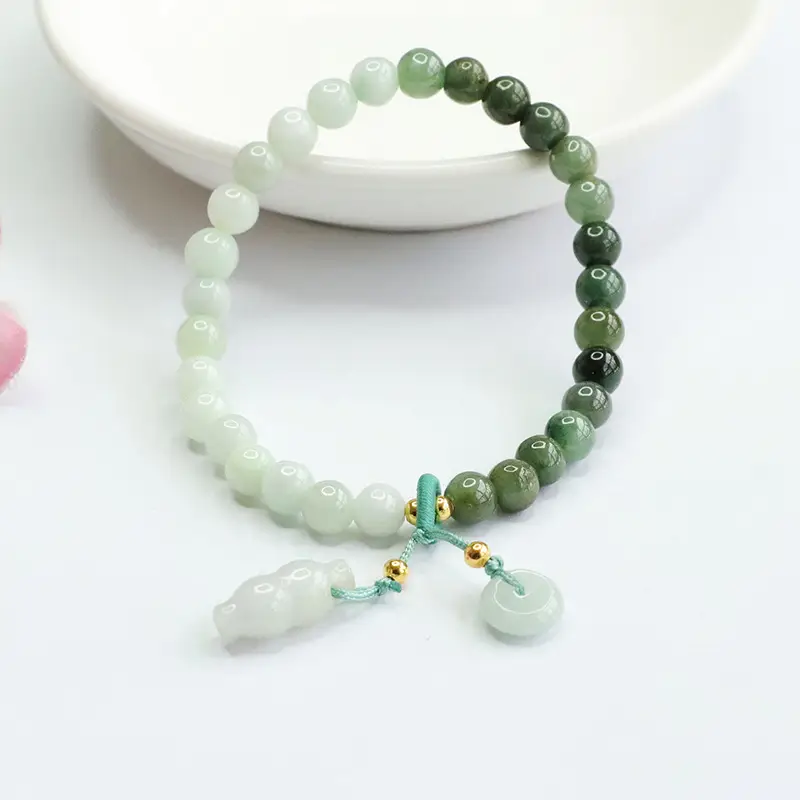 Guan Yu Jade Bracelet with Peace Buckle, Natural Grade, Green Gradient
