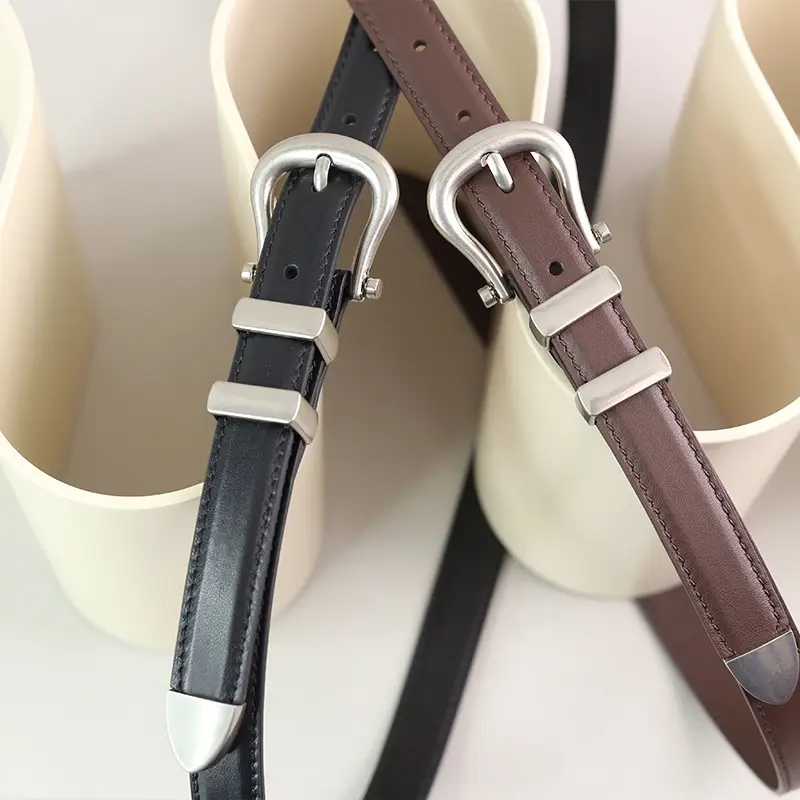 Women's Black Leather Belt with Silver Buckle