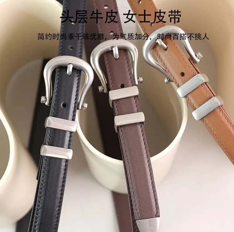 Women's Black Leather Belt with Silver Buckle — feature 13