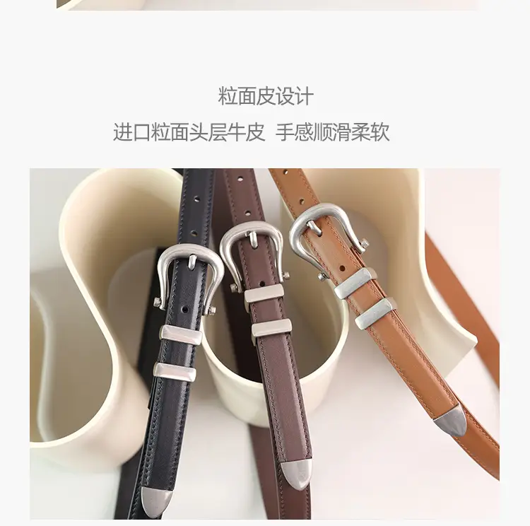 Women's Black Leather Belt with Silver Buckle — feature 20