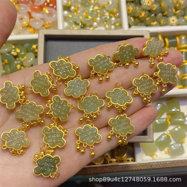 S925 Silver Jade Pendant Set Gold Inlaid Wholesale - Image 7