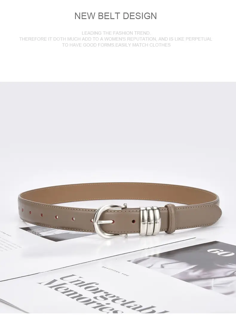 Women's Brown Leather Belt with Silver Buckle — feature 21