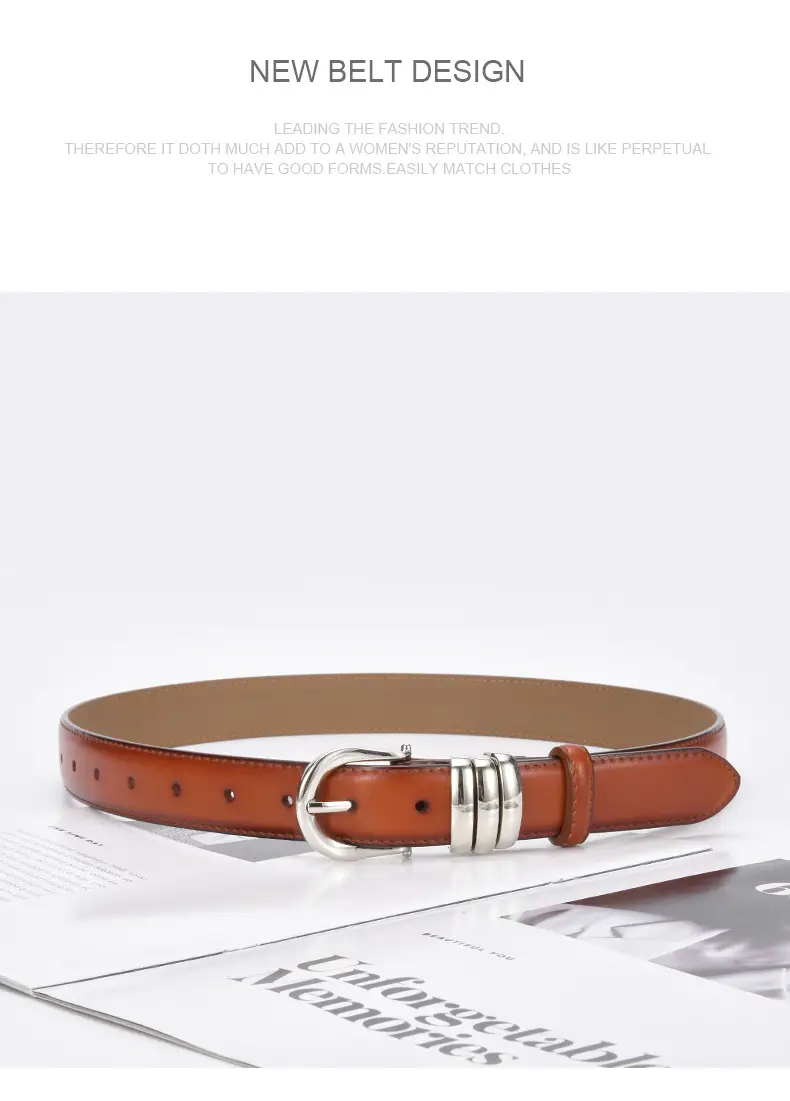 Women's Brown Leather Belt with Silver Buckle — feature 23