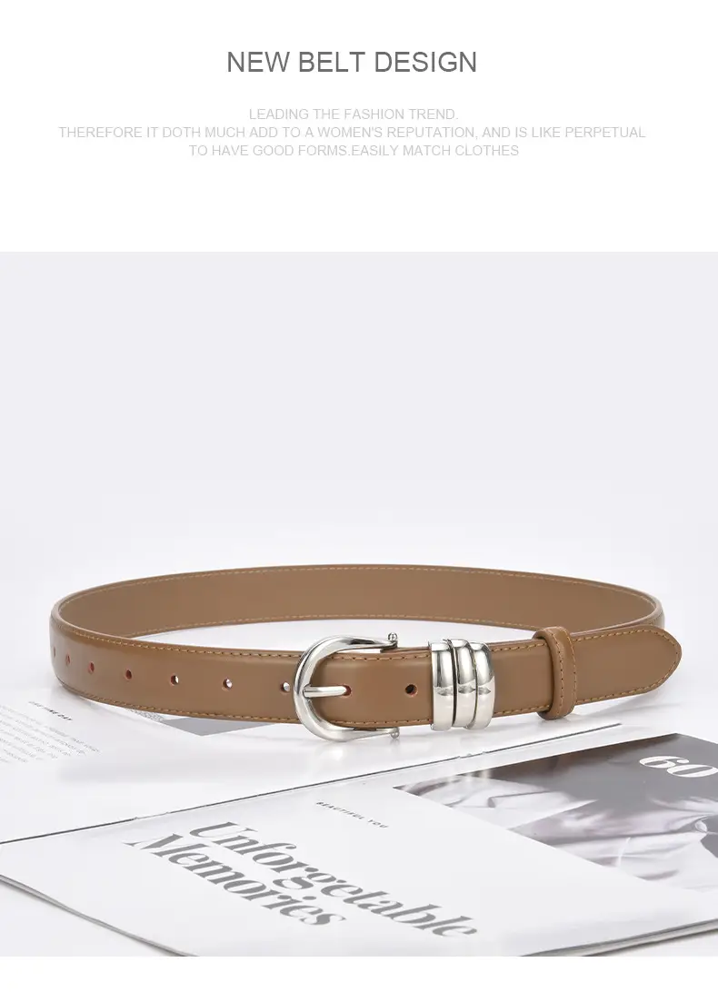 Women's Brown Leather Belt with Silver Buckle — feature 24