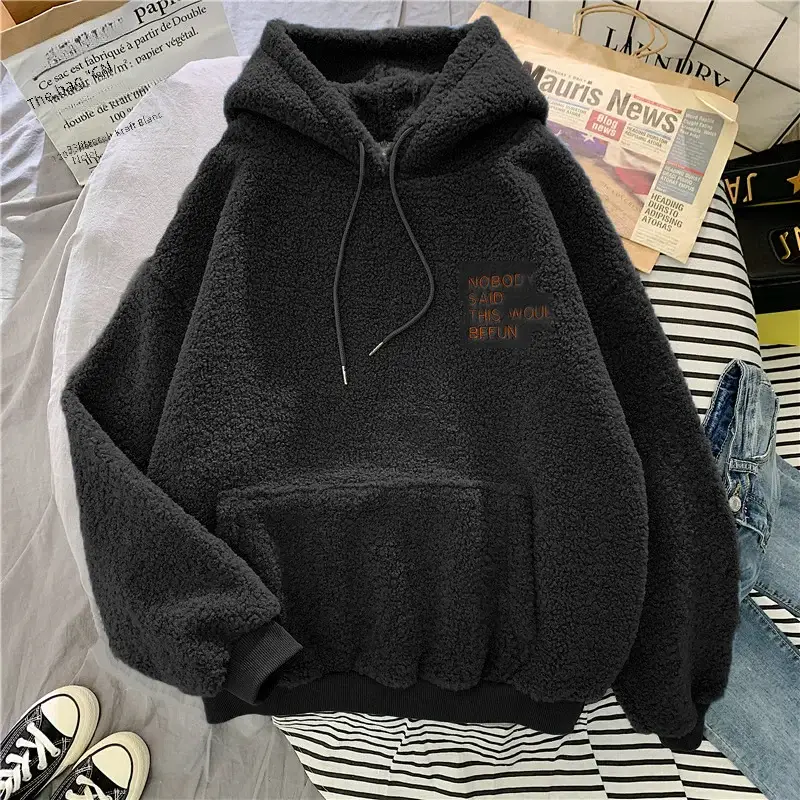 Black Fleece Hoodie Women's Plus Size Velvet Padded - Image 7