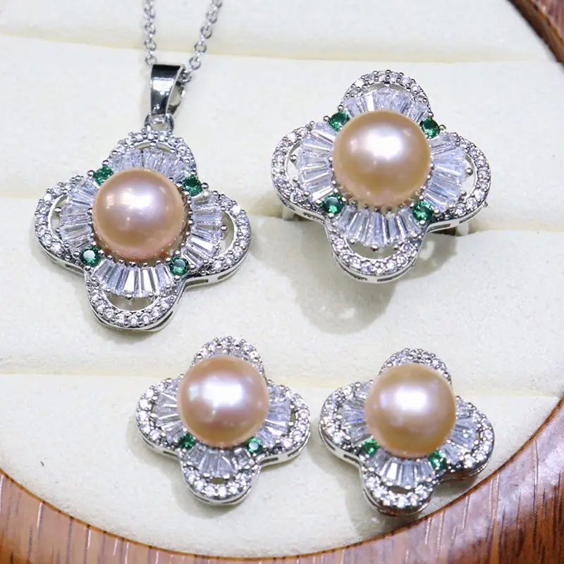 Zhuji Pearl Flower Earrings Set Gold Silver Green Stones - Image 2