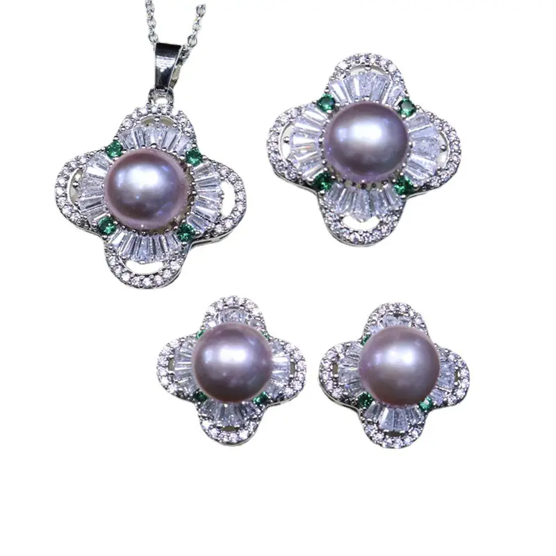 Zhuji Pearl Flower Earrings Set Gold Silver Green Stones - Image 13