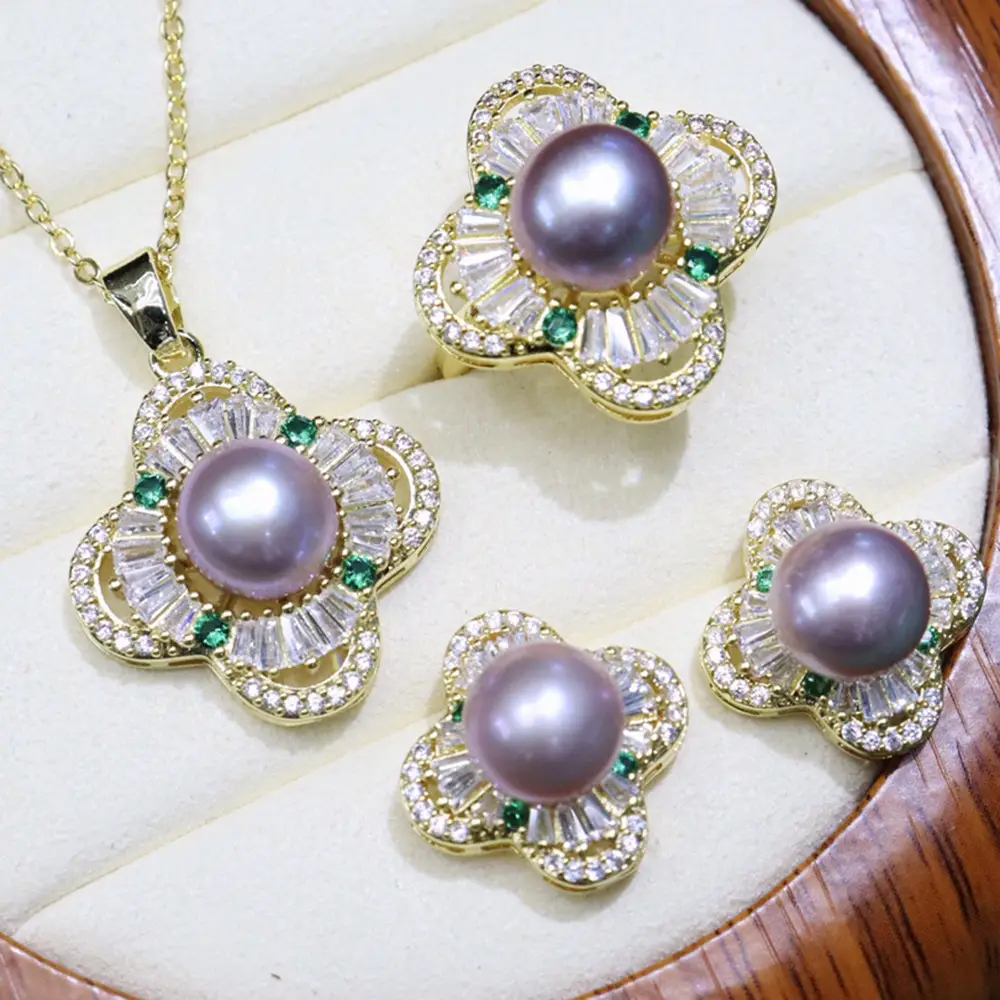 Zhuji Pearl Flower Earrings Set Gold Silver Green Stones — feature 10