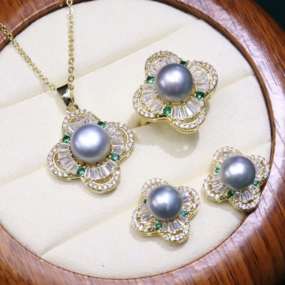 Zhuji Pearl Flower Earrings Set Gold Silver Green Stones — feature 12