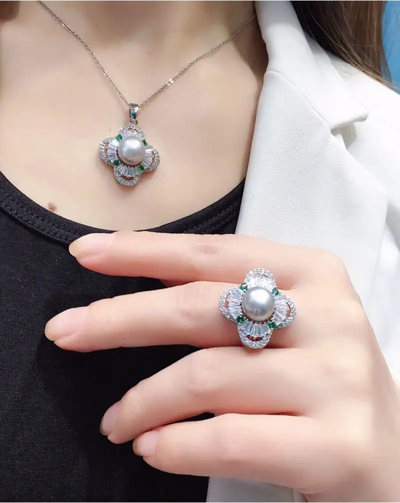 Zhuji Pearl Flower Earrings Set Gold Silver Green Stones — feature 9