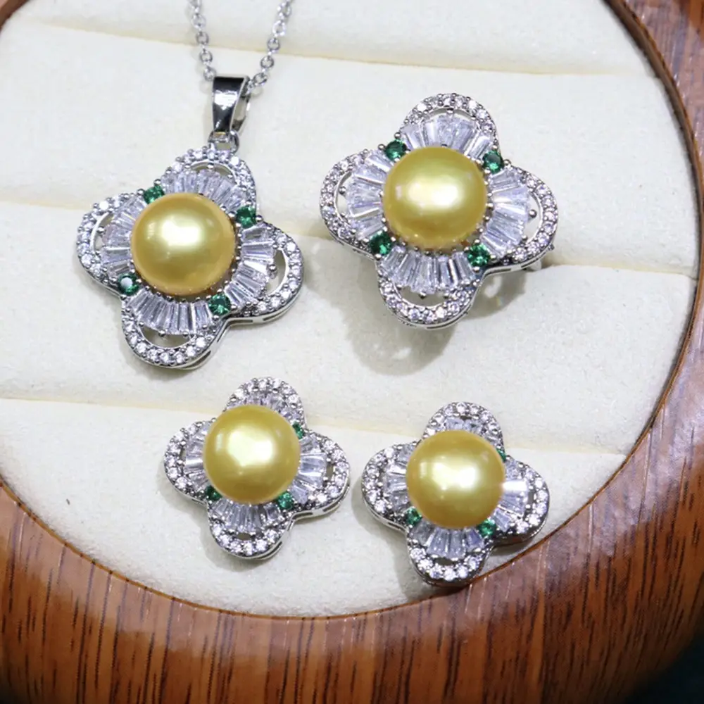 Zhuji Pearl Flower Earrings Set Gold Silver Green Stones - Image 4