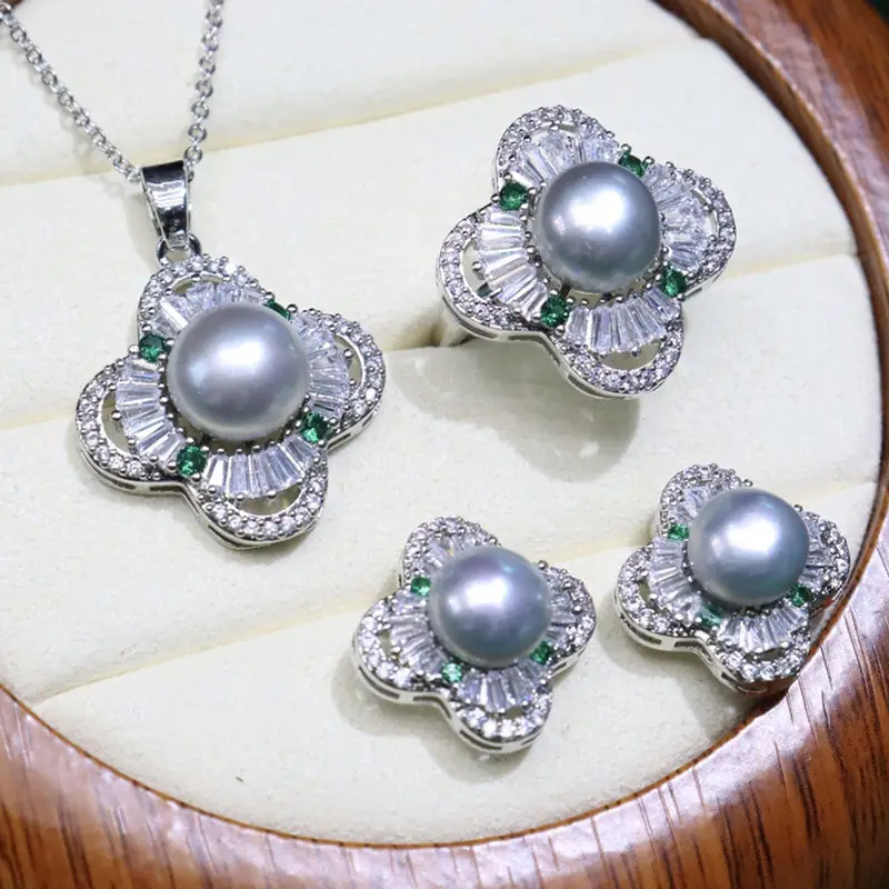 Zhuji Pearl Flower Earrings Set Gold Silver Green Stones - Image 5