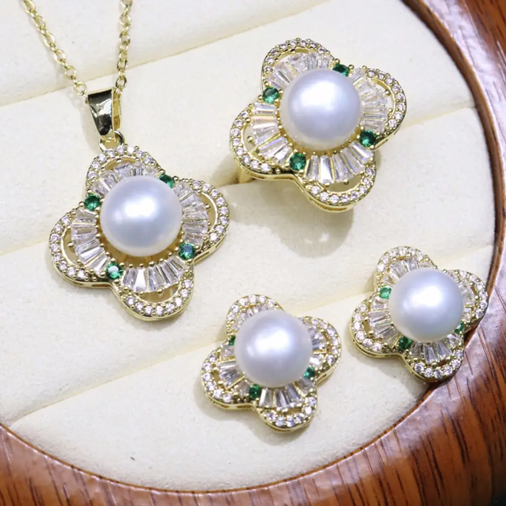 Zhuji Pearl Flower Earrings Set Gold Silver Green Stones - Image 6