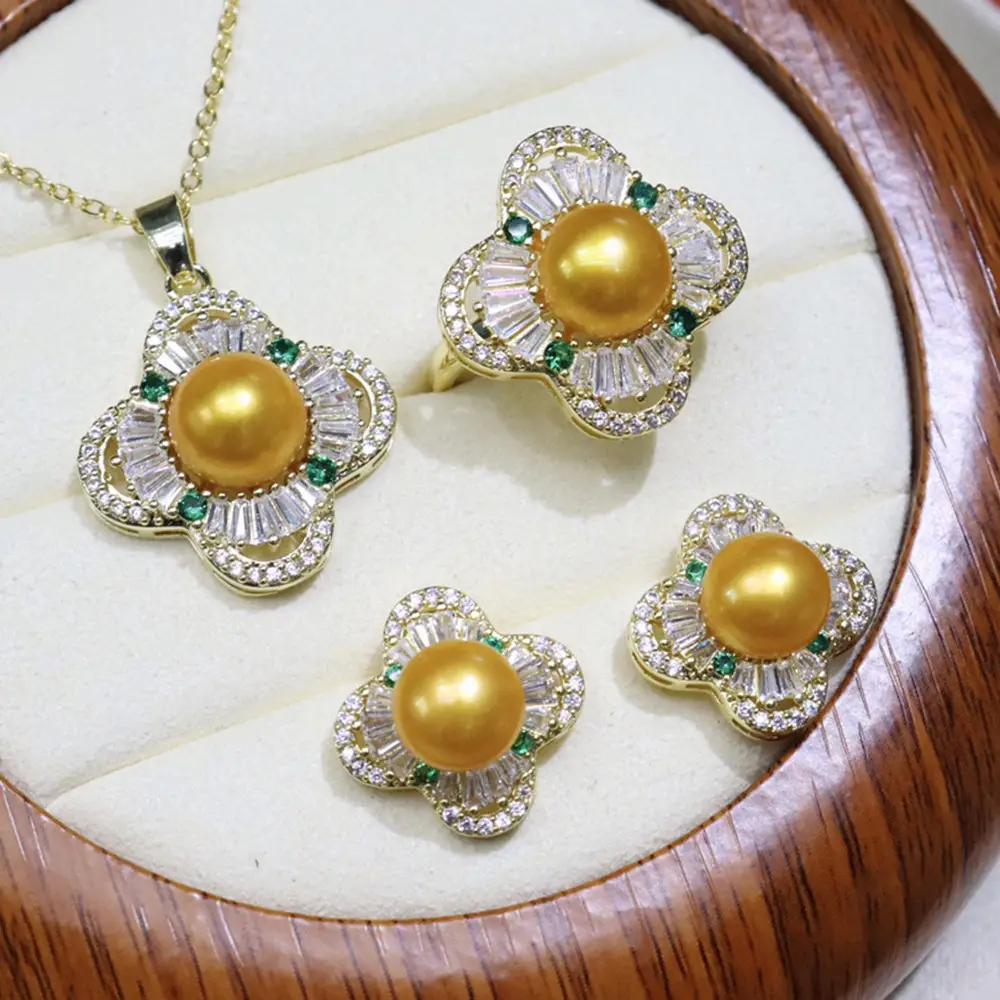 Zhuji Pearl Flower Earrings Set Gold Silver Green Stones - Image 9