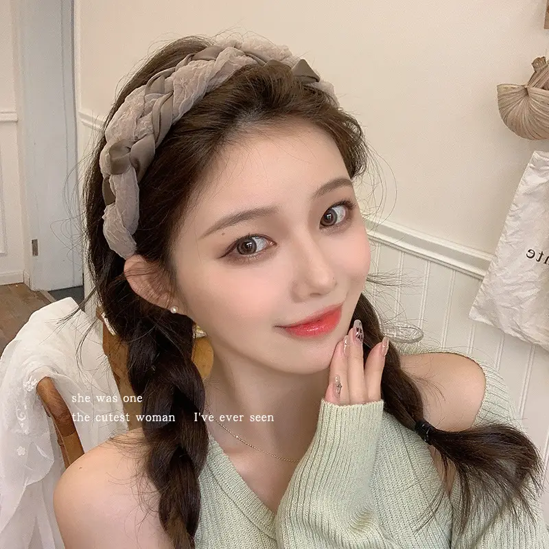 Women's French Braid Hairpin Headband Beige Black - Image 5