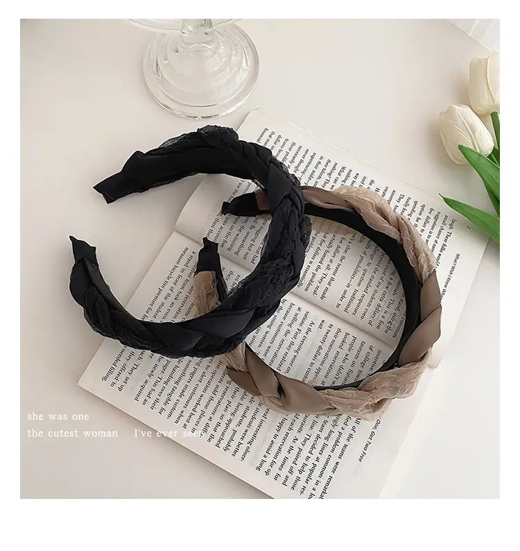 Women's French Braid Hairpin Headband Beige Black — feature 4