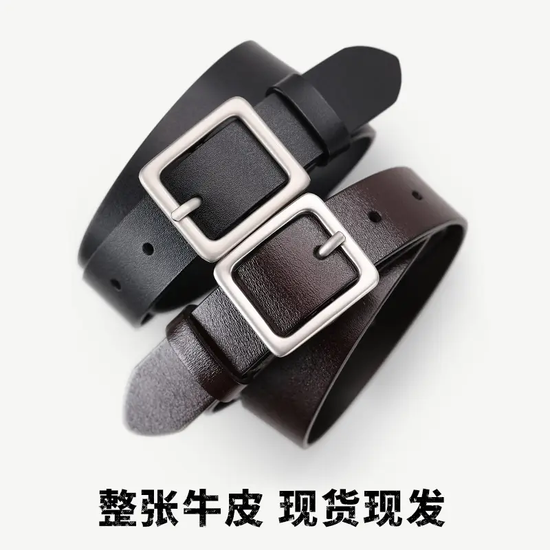 Women's Black Genuine Leather Belt with Decorative Fastener