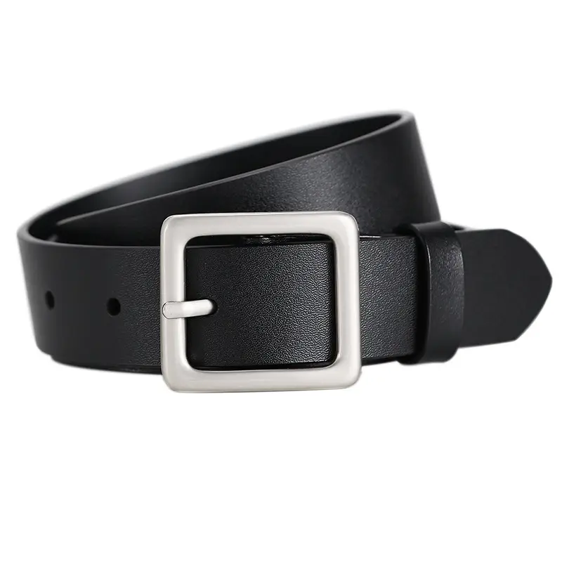 Women's Black Genuine Leather Belt with Decorative Fastener