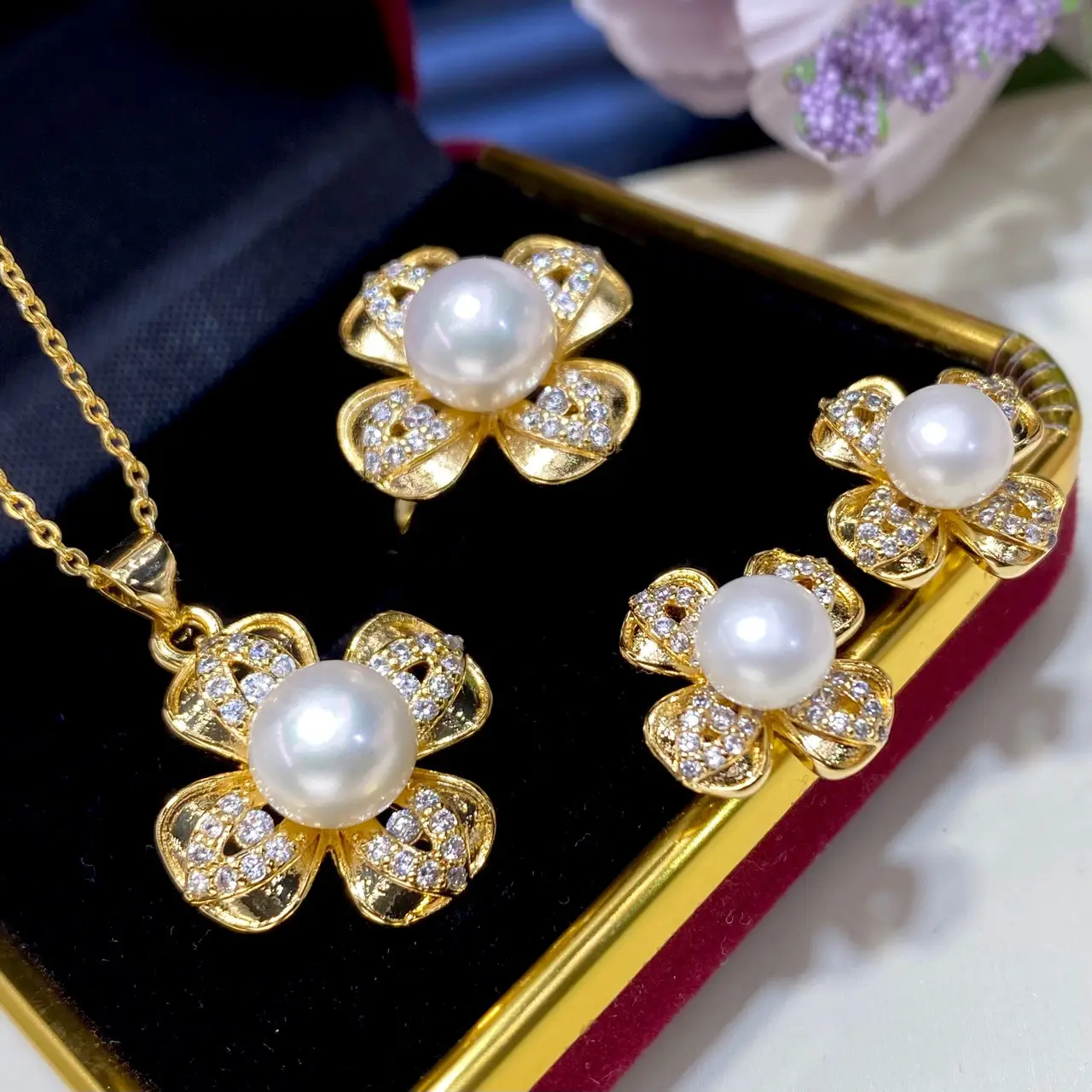 2025 Pearl Flower Earrings Set Gold Plated - Image 2