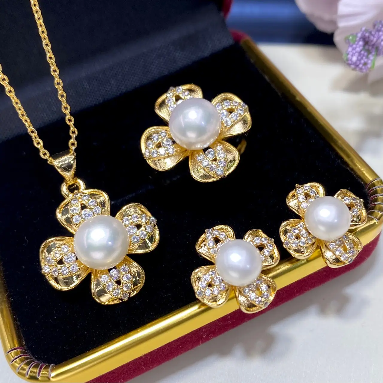 2025 Pearl Flower Earrings Set Gold Plated - Image 3