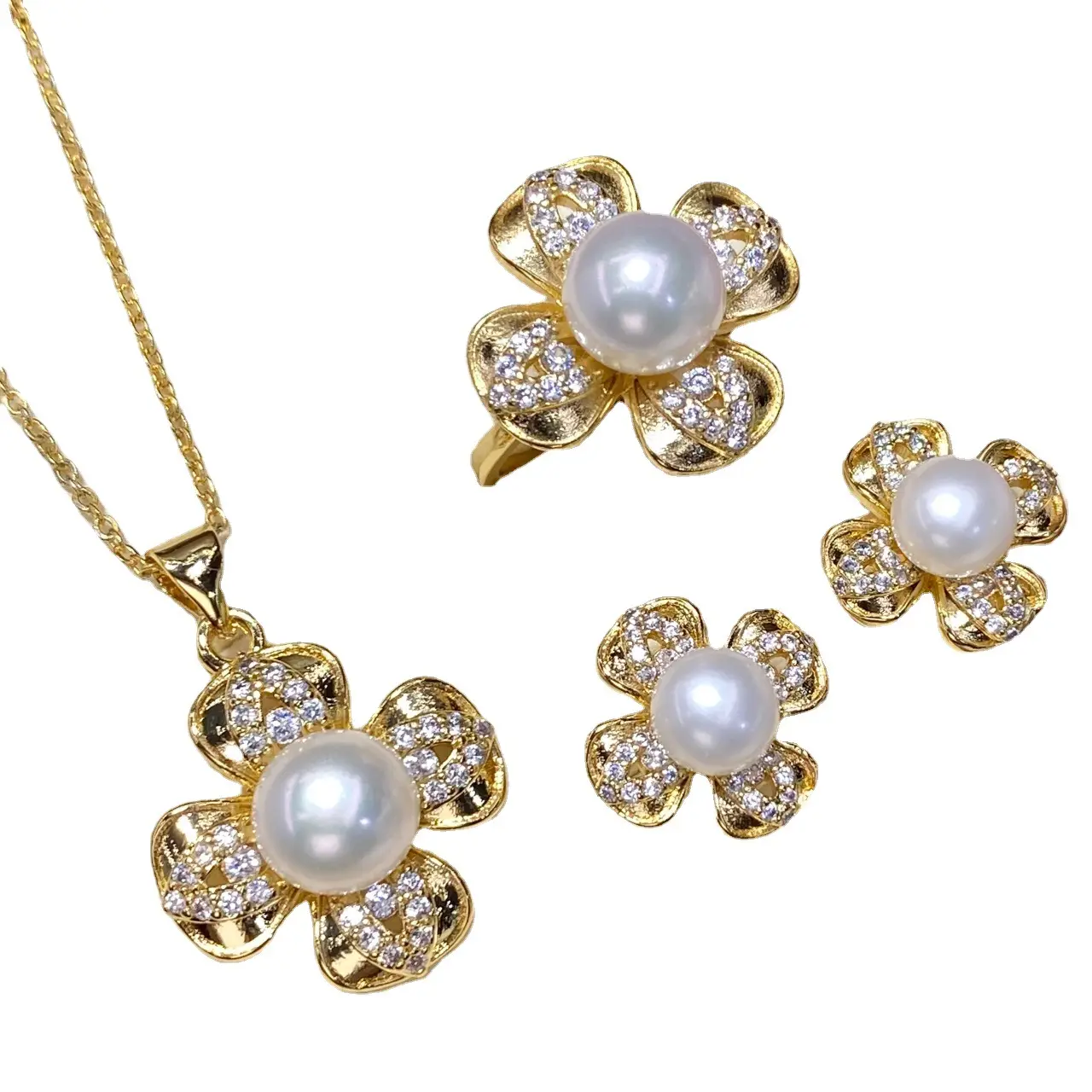 2025 Pearl Flower Earrings Set Gold Plated - Image 5
