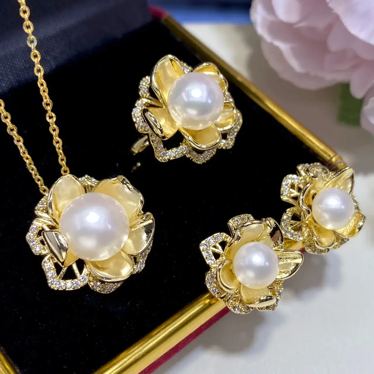 2025 Pearl Set Pendant Ring Earrings Gold Plated Natural Pearl - Image 3