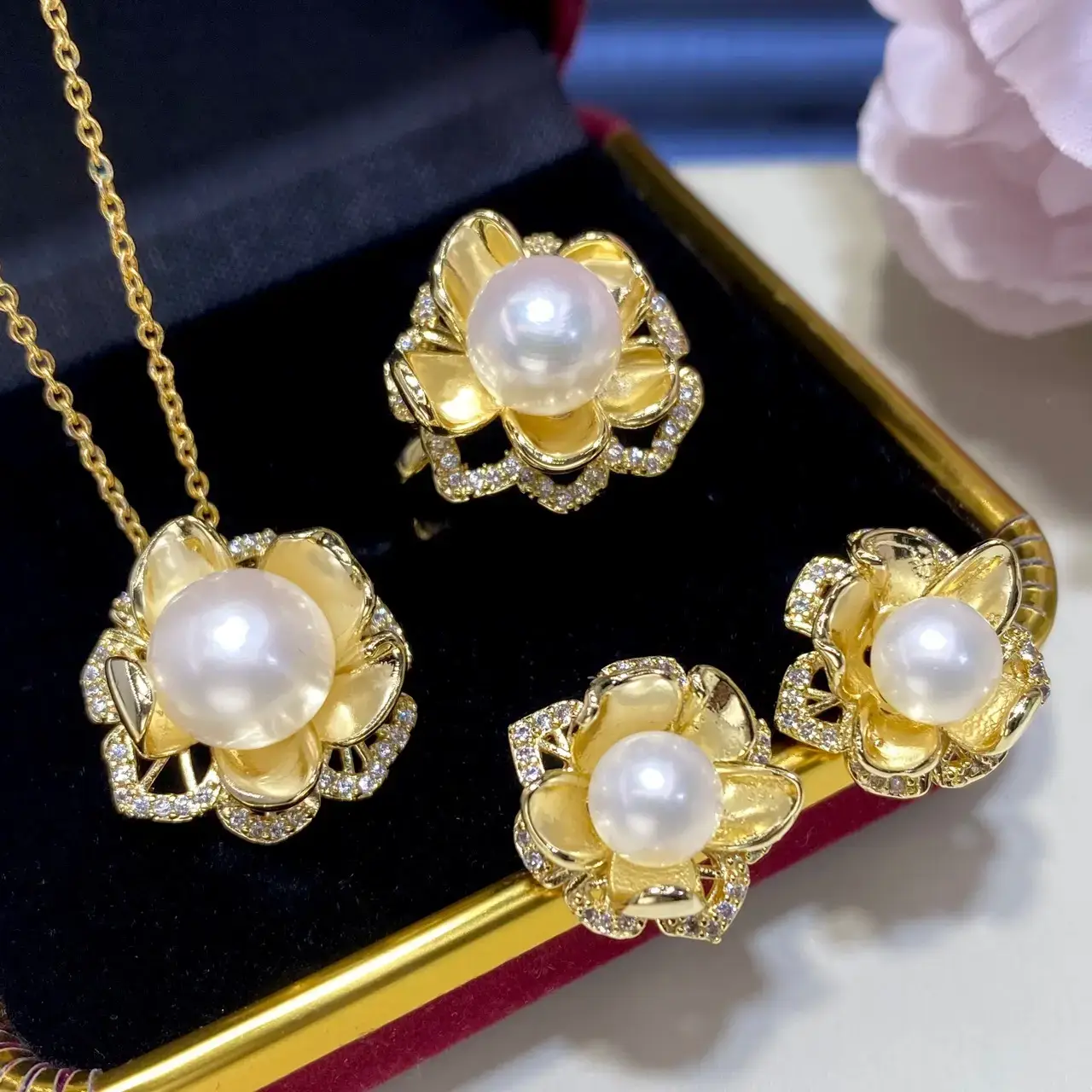 2025 Pearl Set Pendant Ring Earrings Gold Plated Natural Pearl - Image 4