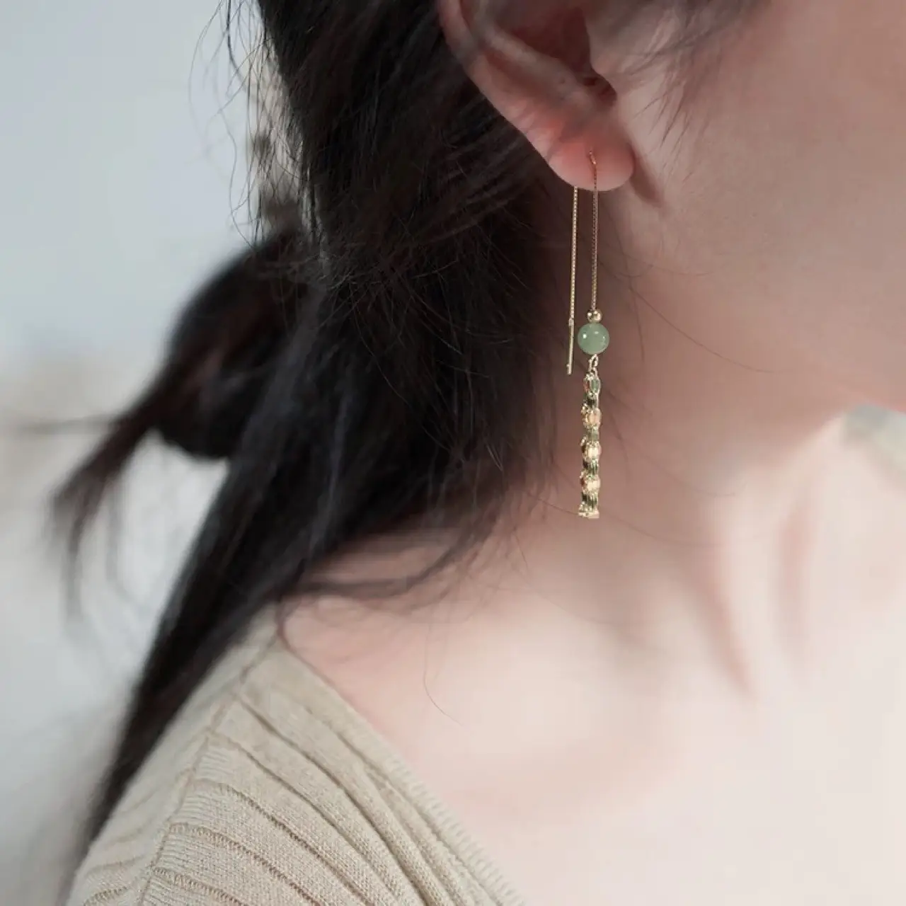 Hetian Jade Tassel Earrings 14k Gold Round Beads