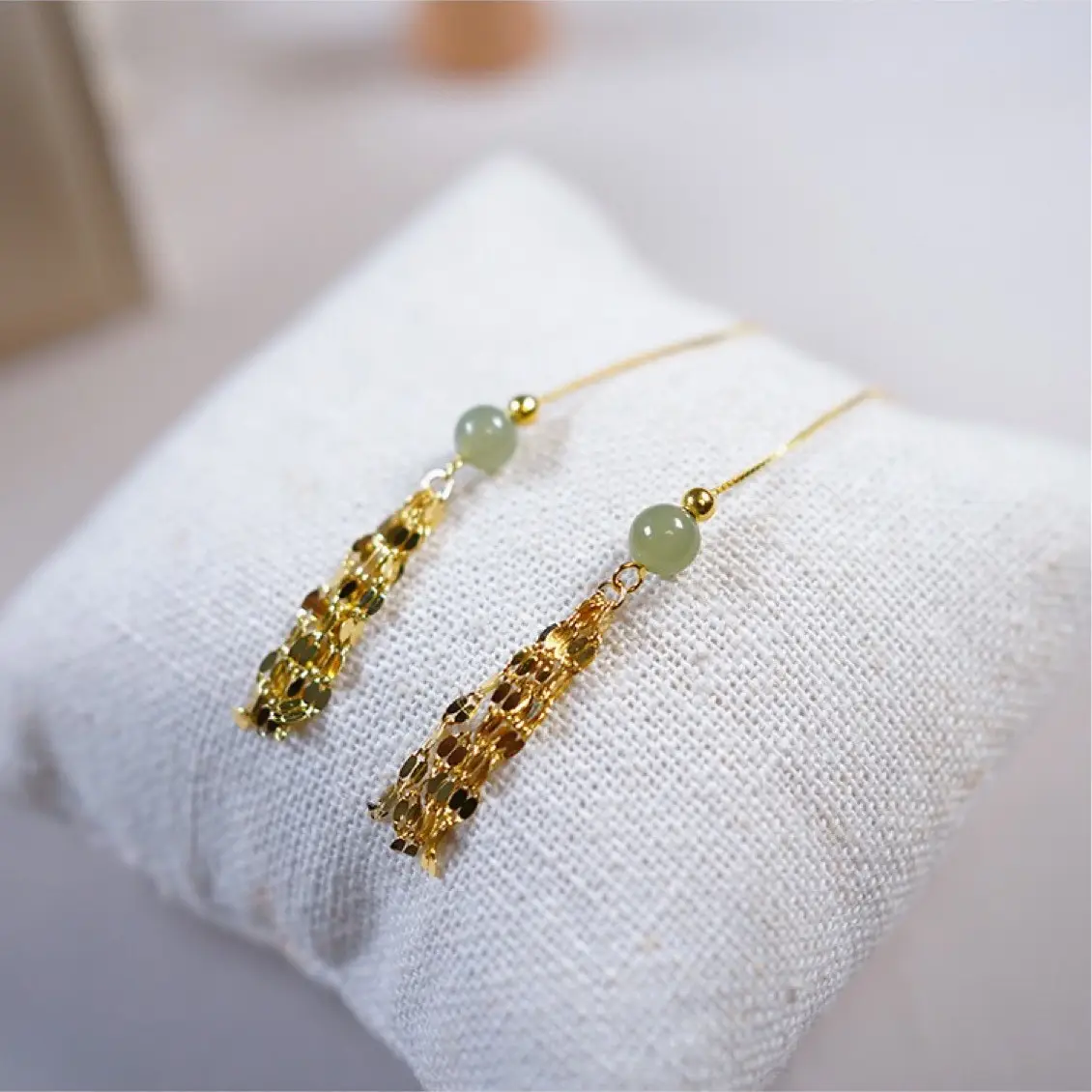 Hetian Jade Tassel Earrings 14k Gold Round Beads