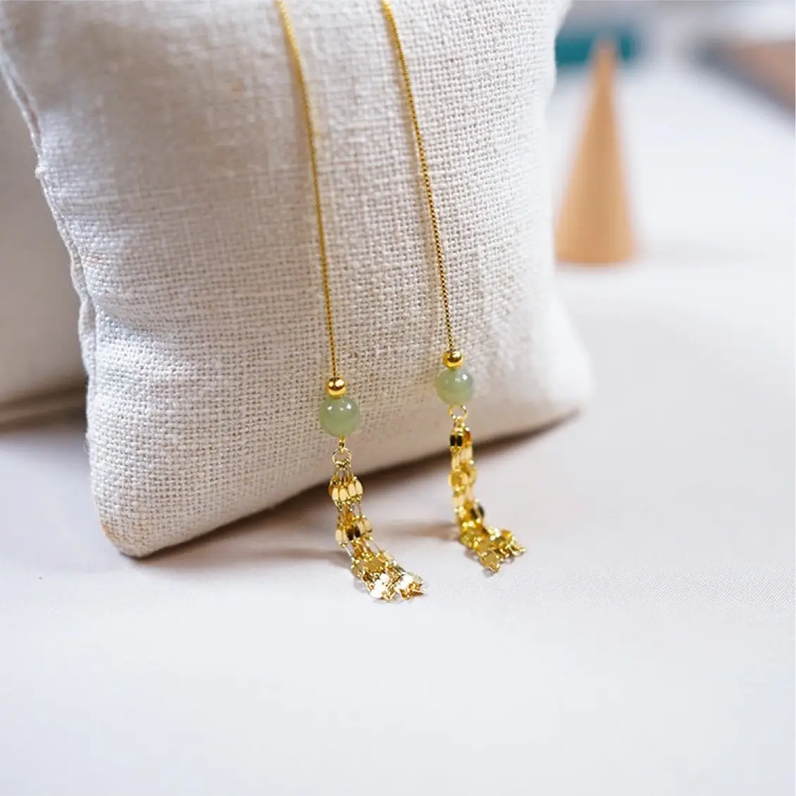 Hetian Jade Tassel Earrings 14k Gold Round Beads