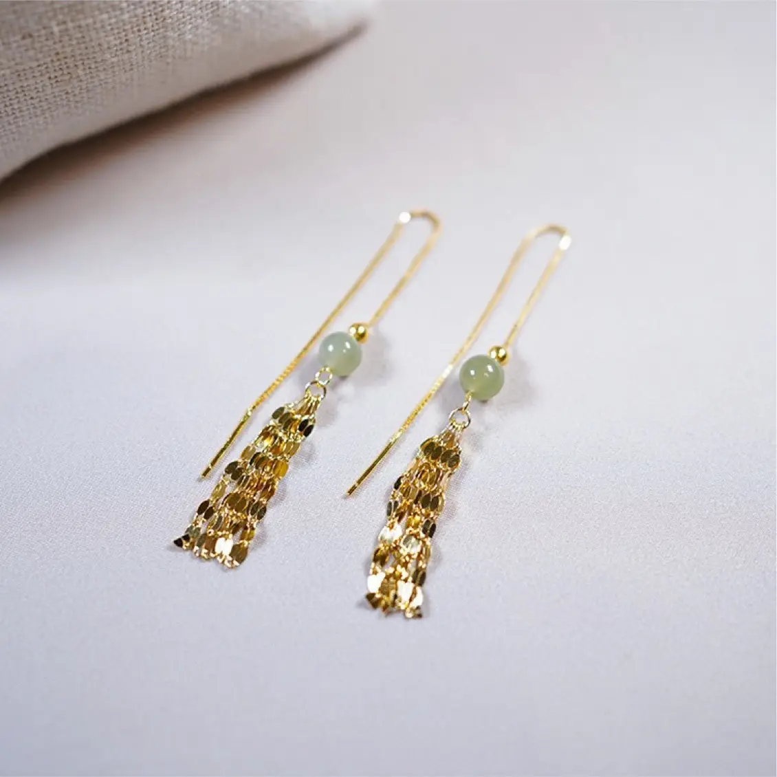 Hetian Jade Tassel Earrings 14k Gold Round Beads