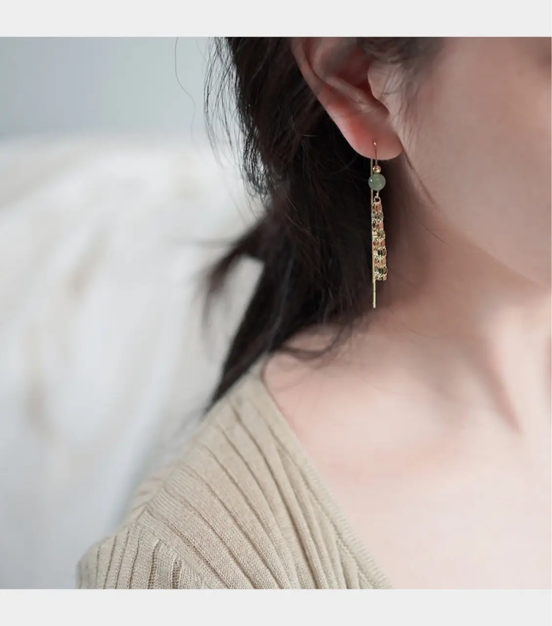 Hetian Jade Tassel Earrings 14k Gold Round Beads — feature 10