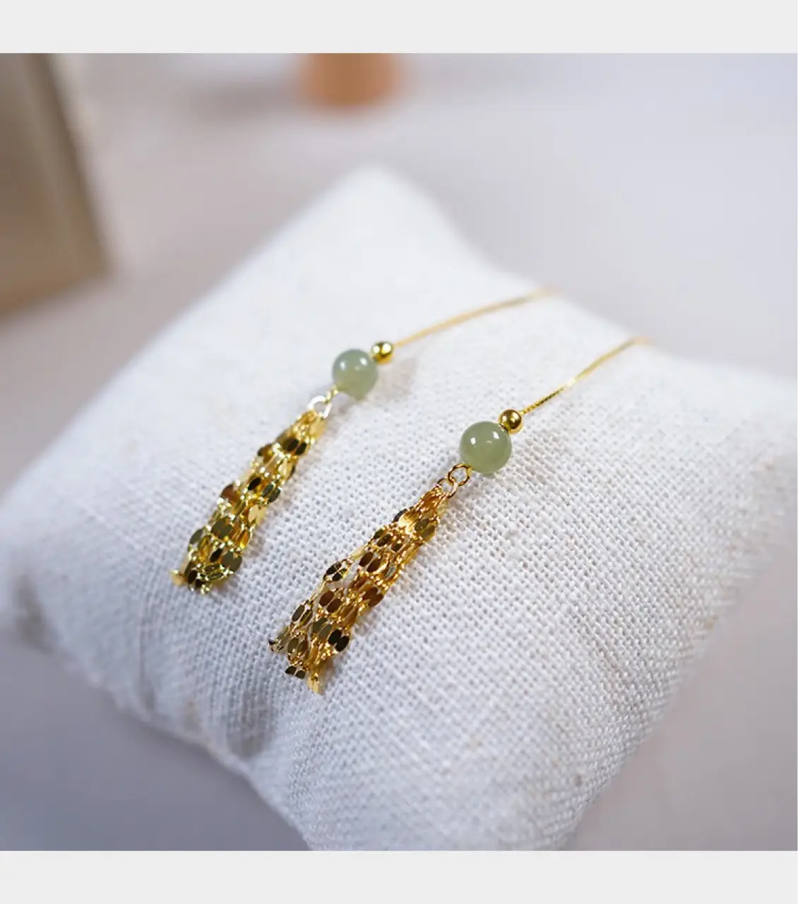 Hetian Jade Tassel Earrings 14k Gold Round Beads — feature 3