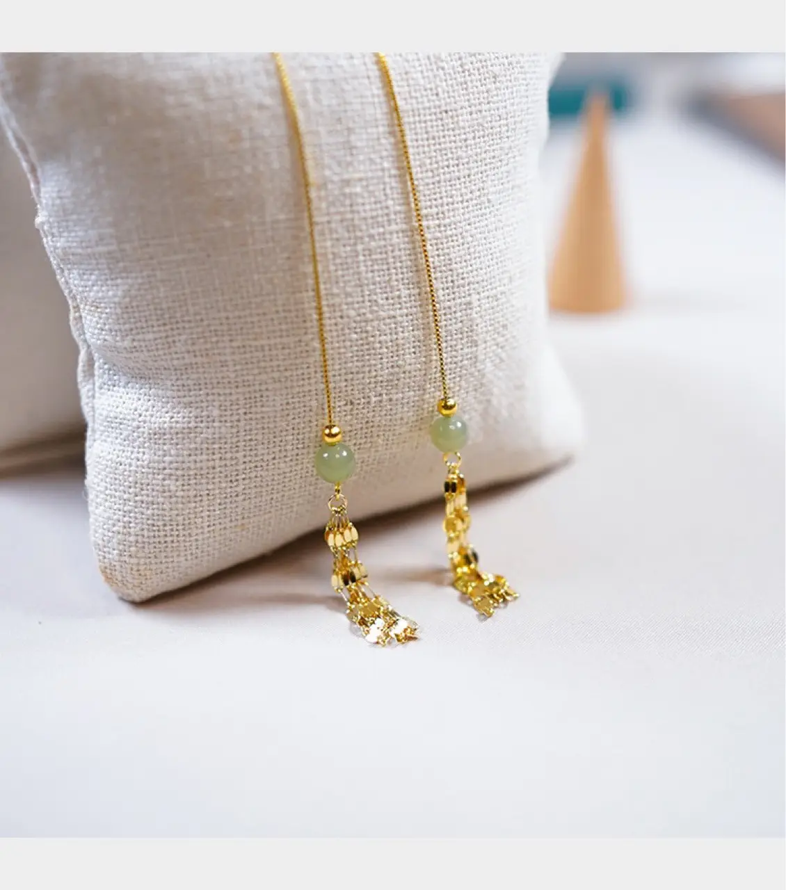 Hetian Jade Tassel Earrings 14k Gold Round Beads — feature 4
