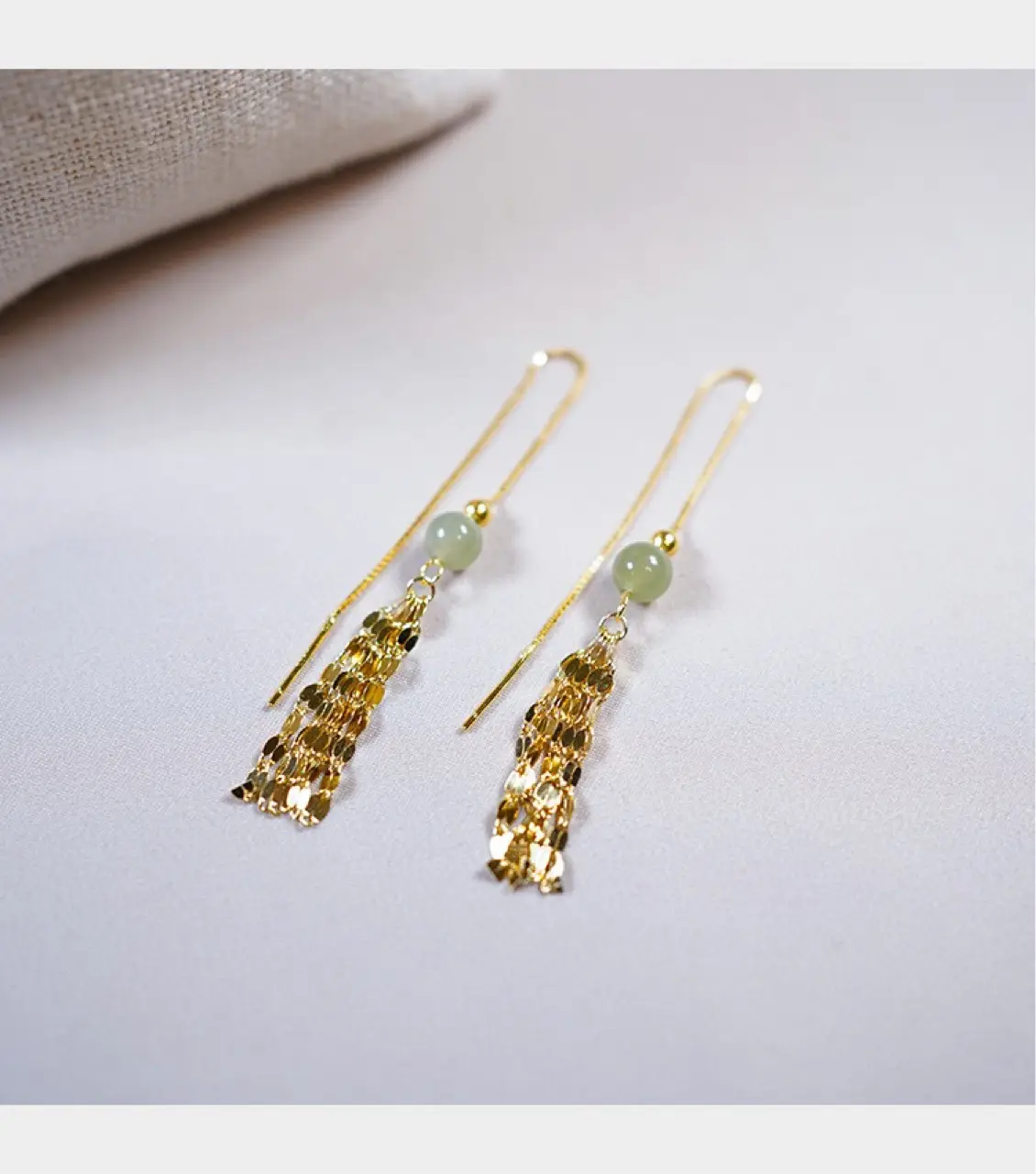 Hetian Jade Tassel Earrings 14k Gold Round Beads — feature 5