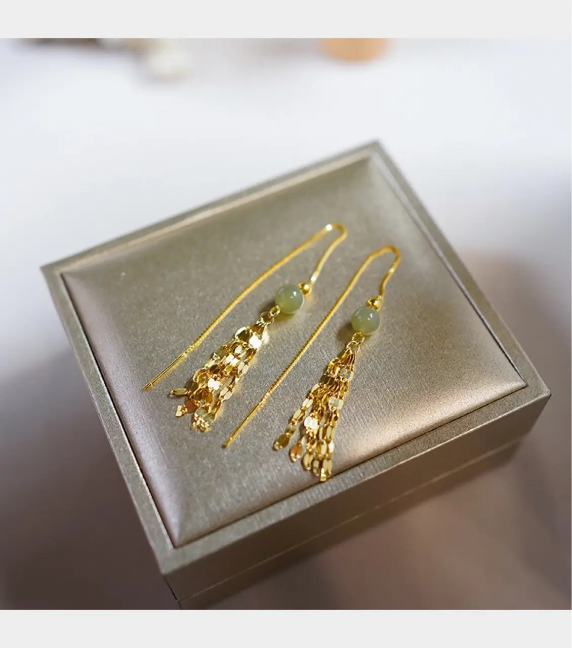 Hetian Jade Tassel Earrings 14k Gold Round Beads — feature 6