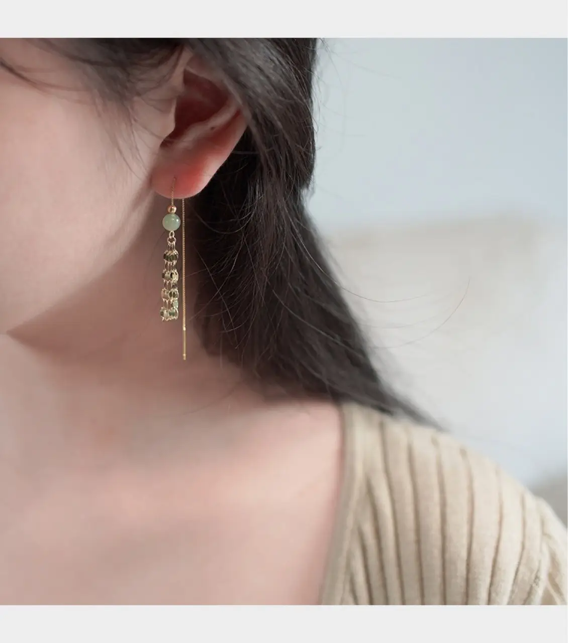 Hetian Jade Tassel Earrings 14k Gold Round Beads — feature 7