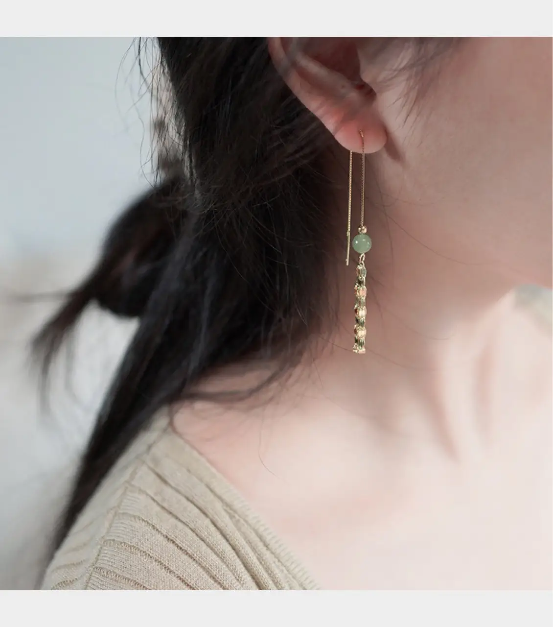Hetian Jade Tassel Earrings 14k Gold Round Beads — feature 8