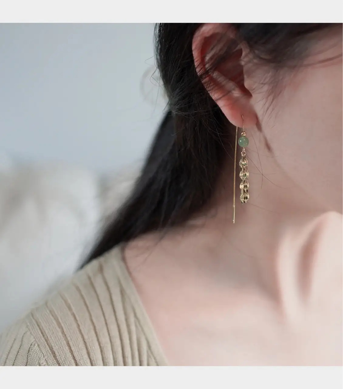 Hetian Jade Tassel Earrings 14k Gold Round Beads — feature 9