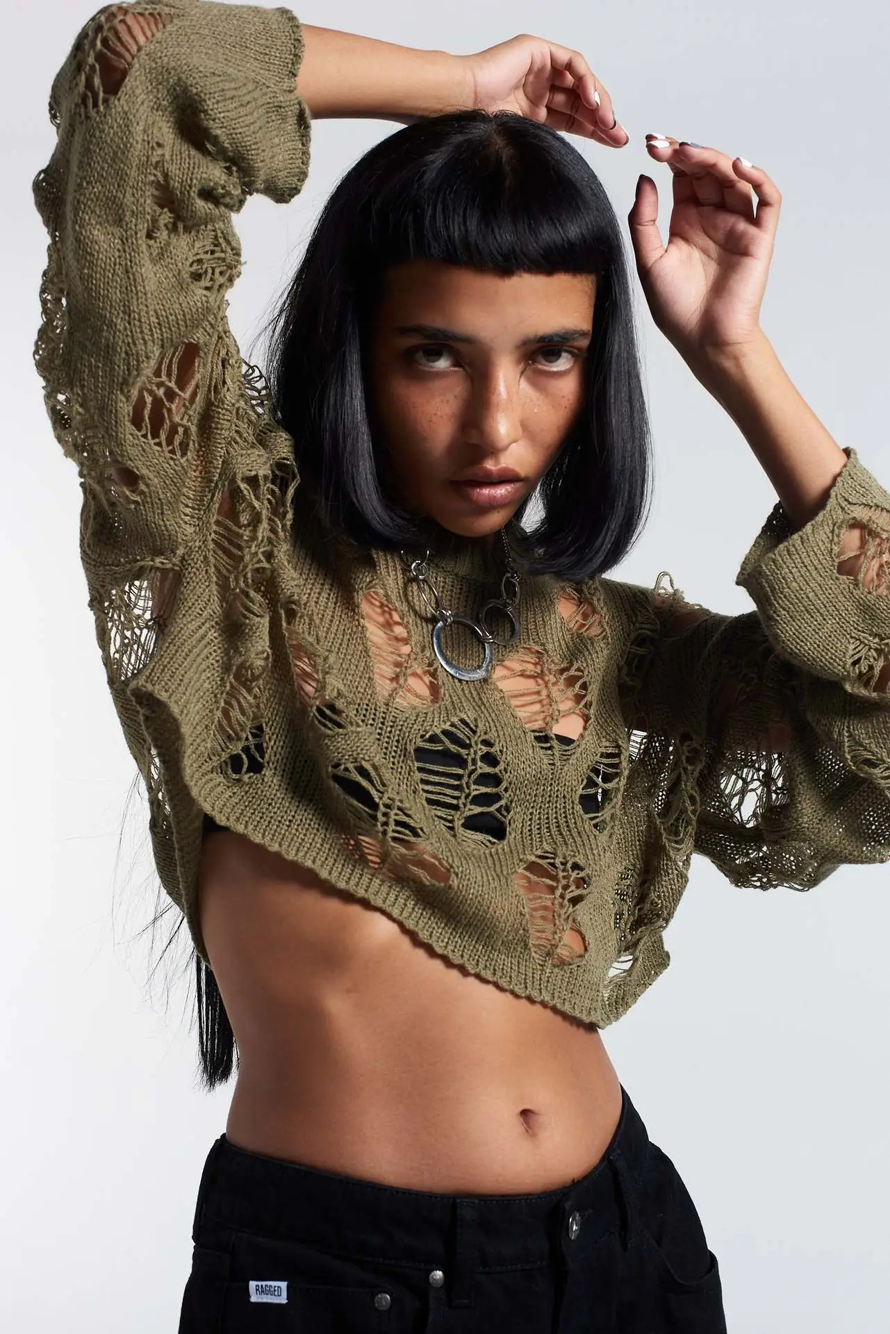 Sexy Hollow Knitted Sweater for Women in Olive Green — feature 29